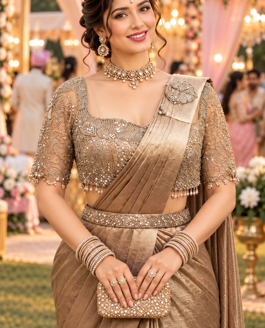 66823 - Gold Embroidered Work Crush Classic Saree